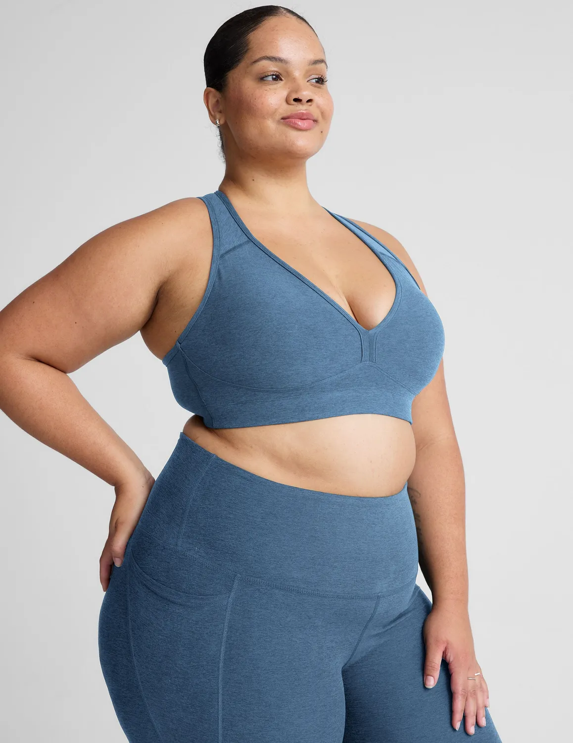 Beyond Yoga Spacedye Lift Your Spirits sportbh Washed Denim 1X-4X