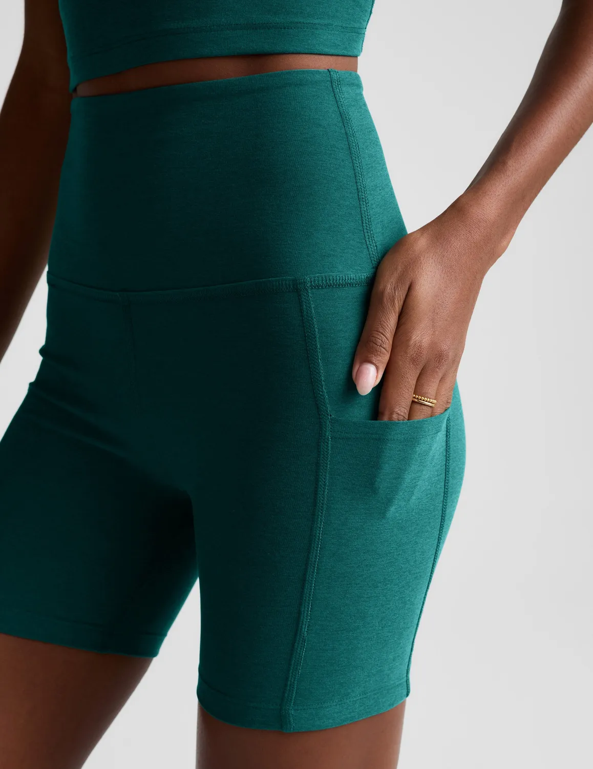 Beyond Yoga Spacedye Keep Pace 5 Pocket Shorts Teal Sea Heather med fickor