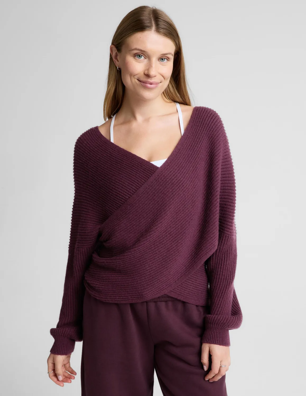 Beyond Yoga That's A Wrap pullover röd omlott ribbad