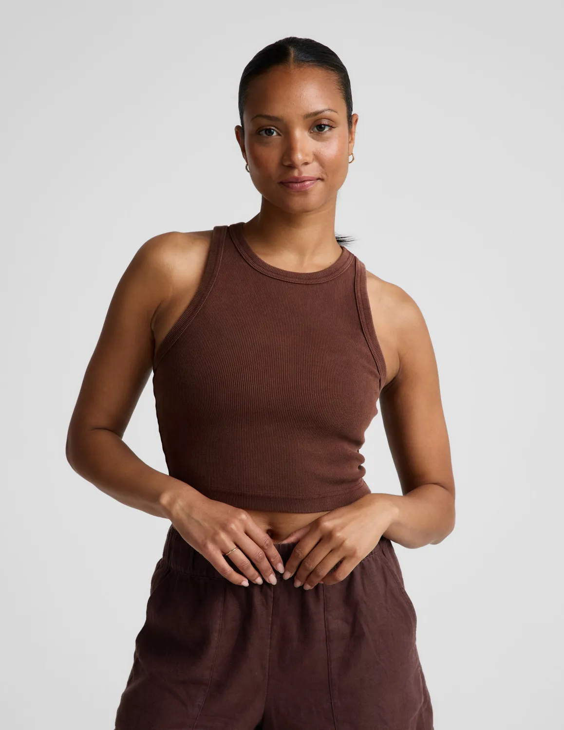 Beyond Yoga On Repeat Rib High Neck linne mocha bomull