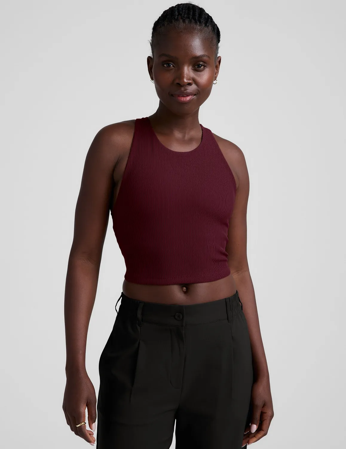 Beyond Yoga Refocus Ribbed Cropped Tank linne Dark Cherry inbyggd bh