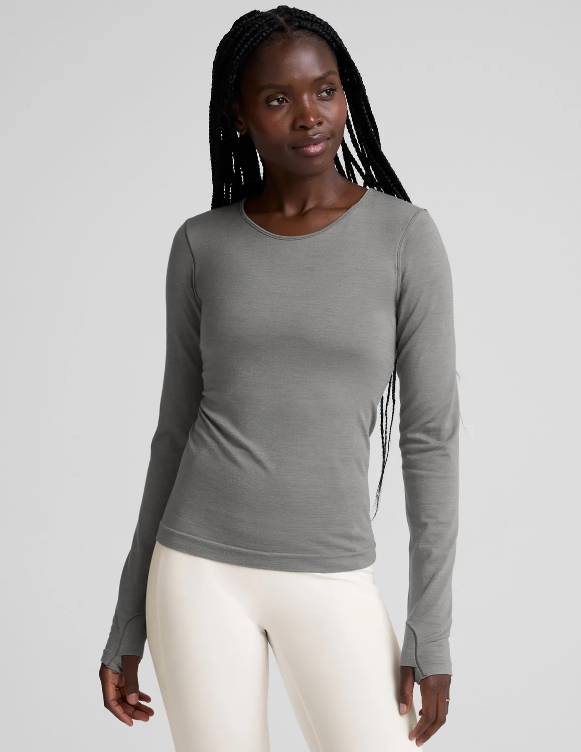 Beyond Yoga LuxeKnit Merino Wool Crewneck ulltröja Storm Gray Heather tumhål