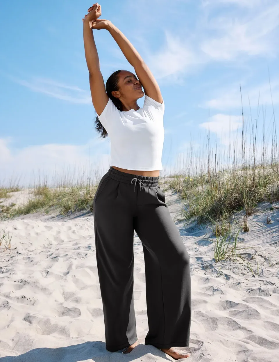 Beyond Yoga Luxe Sandwash Double Knit Wide Leg byxor Dark Charcoal hög midja