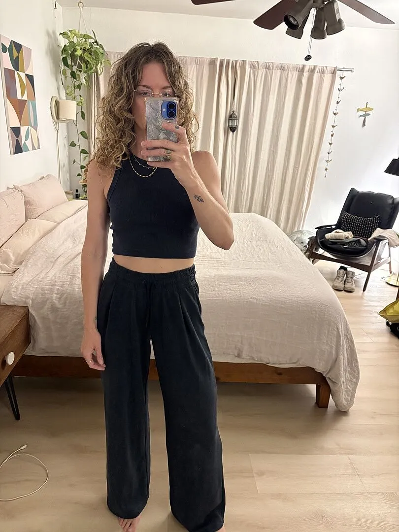 Beyond Yoga Luxe Sandwash Double Knit Wide Leg byxor Dark Charcoal hög midja