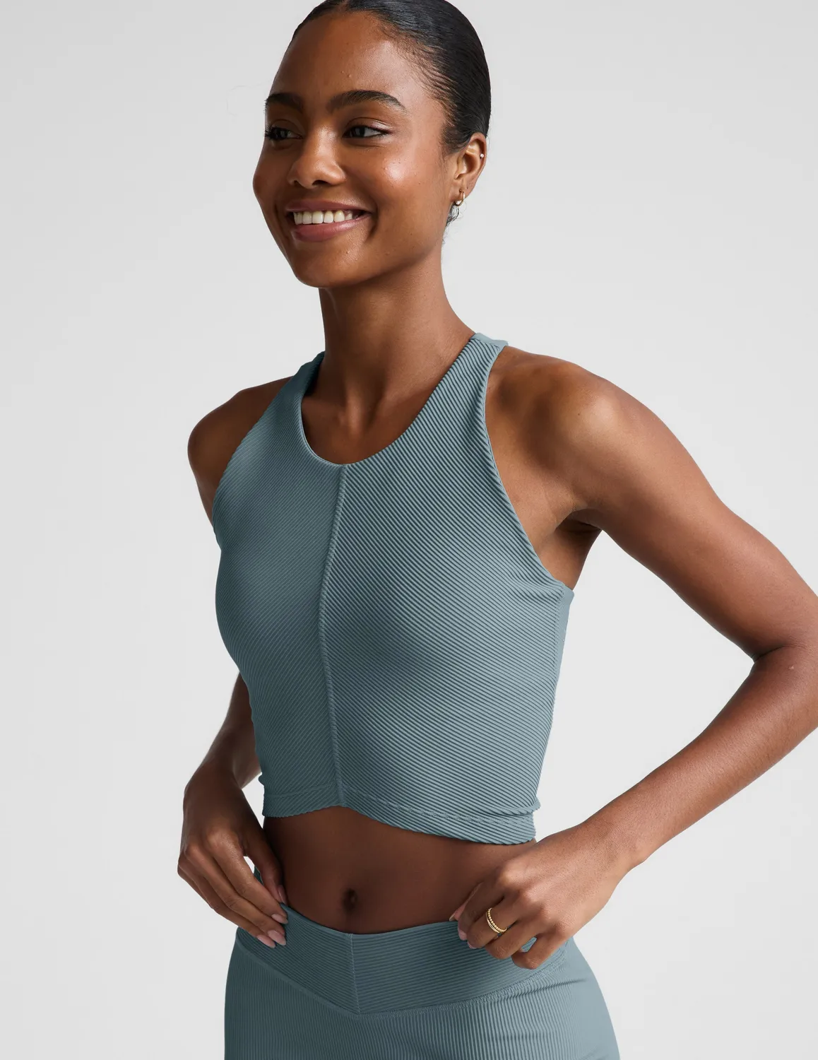 Beyond Yoga Impulse Ribbed High Neck Tank croptop Shaken Blue hög hals