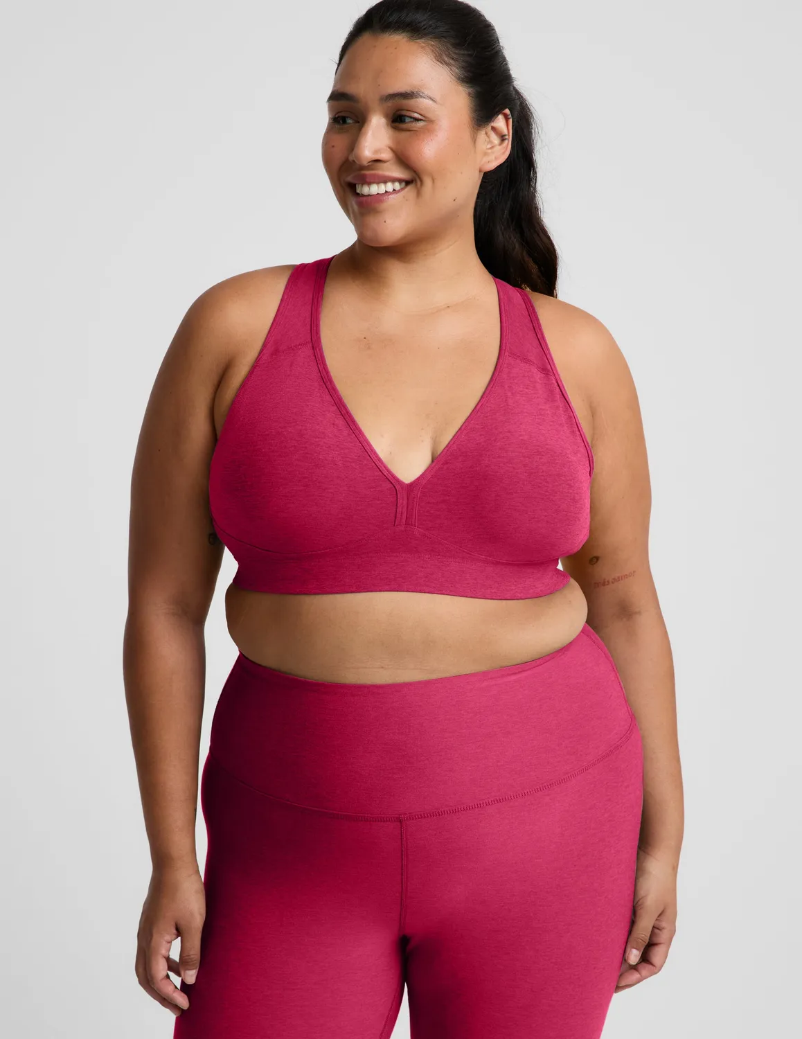 Beyond Yoga Spacedye Lift Your Spirits sportbh Berry Red Heather 1X-2X