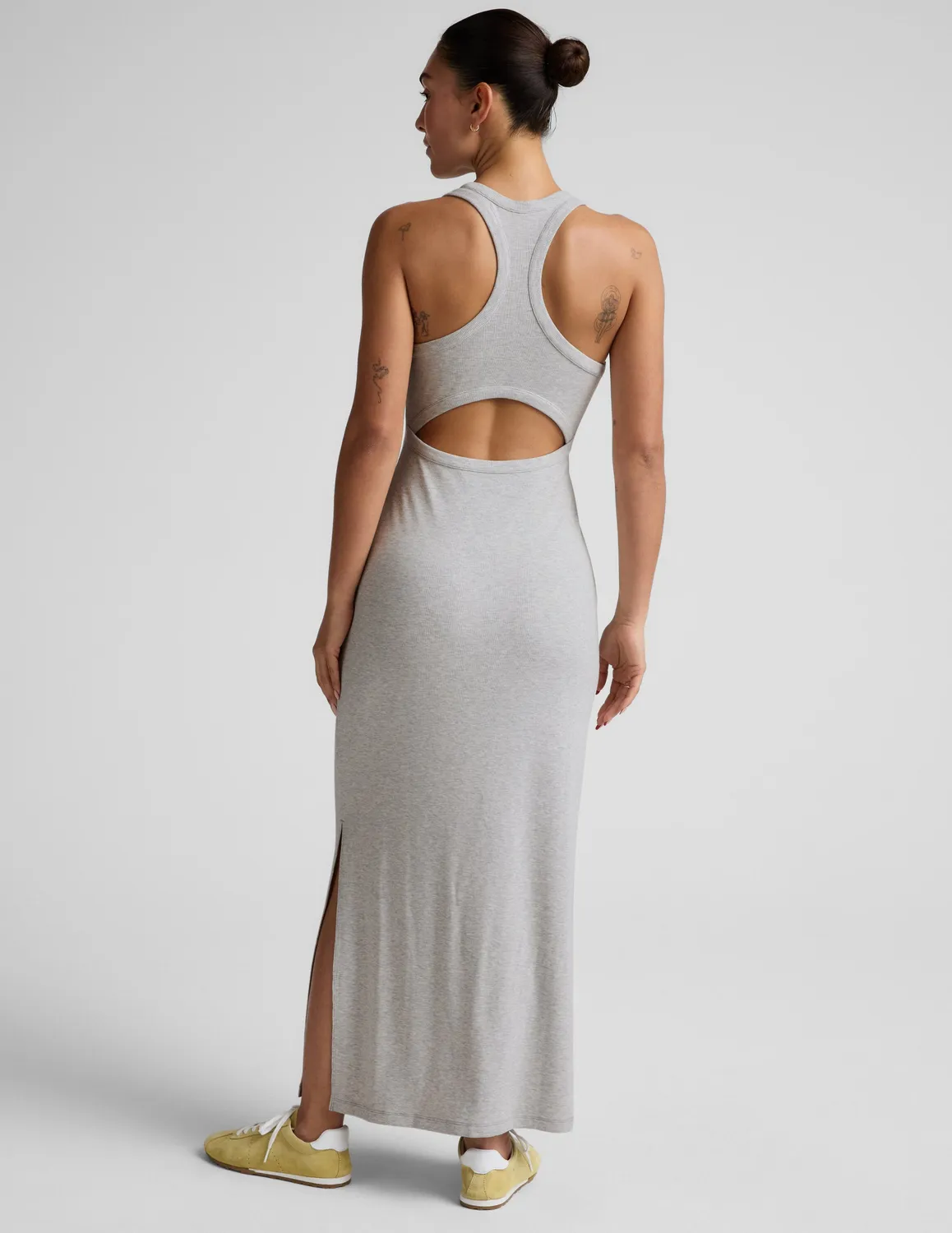 Beyond Yoga Ribbed High Neck Maxi Dress maxiklänning heather gray ribbad