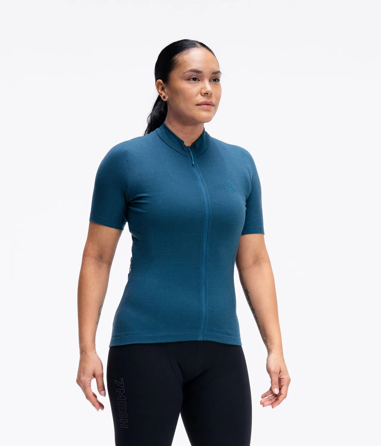 7MESH Ashlu Merino kortärmad cykeltröja Deep Sea merinoull