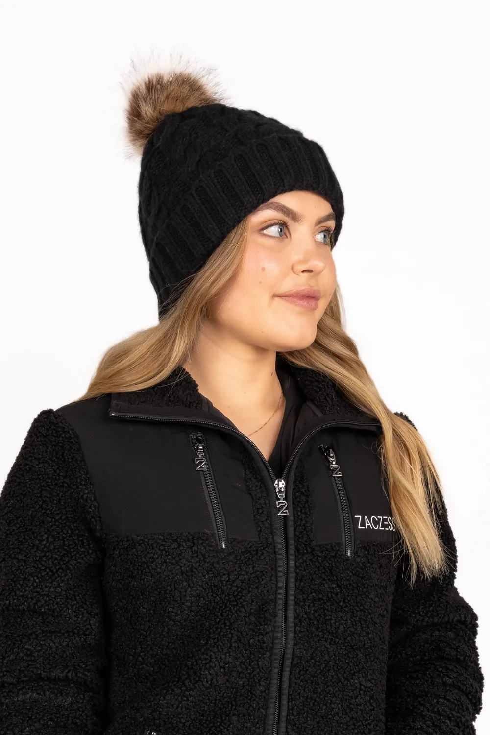 ZacZess Oulu Beanie mössa svart teddyfodrad pompom