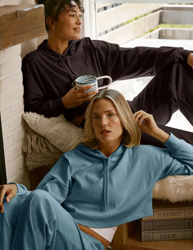 Beyond Yoga Breathe Easy Ribbed Cropped Hoodie Misty Blue fickor