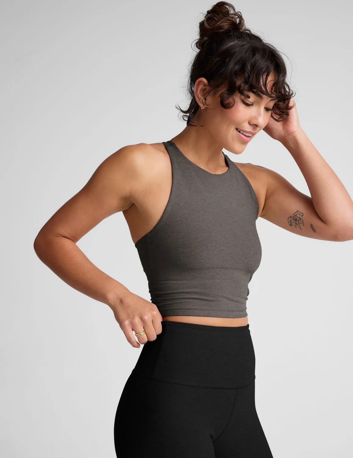 Beyond Yoga Spacedye Refocus Cropped Tank topp True Gray Heather inbyggd bh