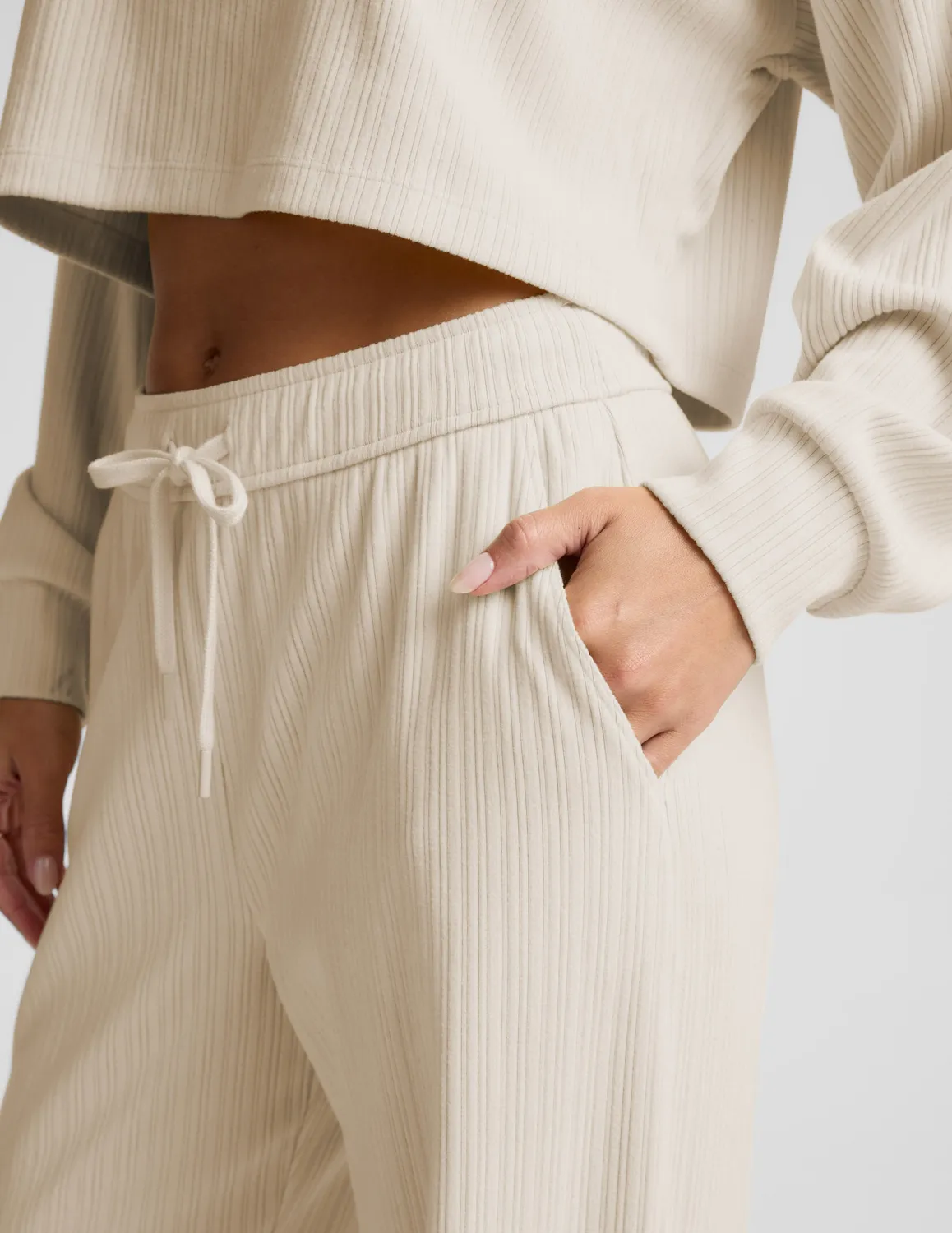 Beyond Yoga Breathe Easy Ribbed Wide Leg Pant byxor Ivory ribbade