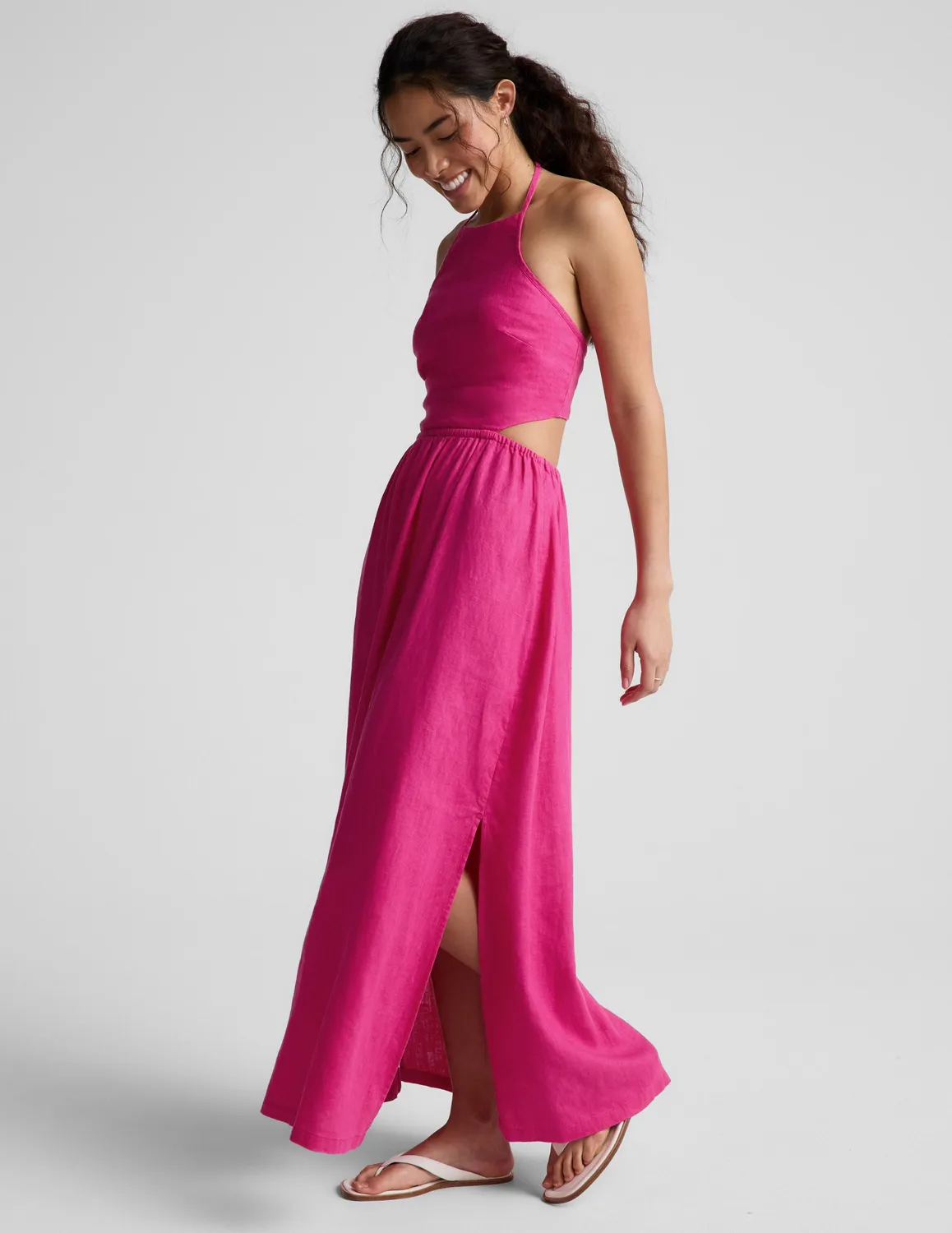 Beyond Yoga SoftWash Linen Halter Klänning Pink Glow Linne