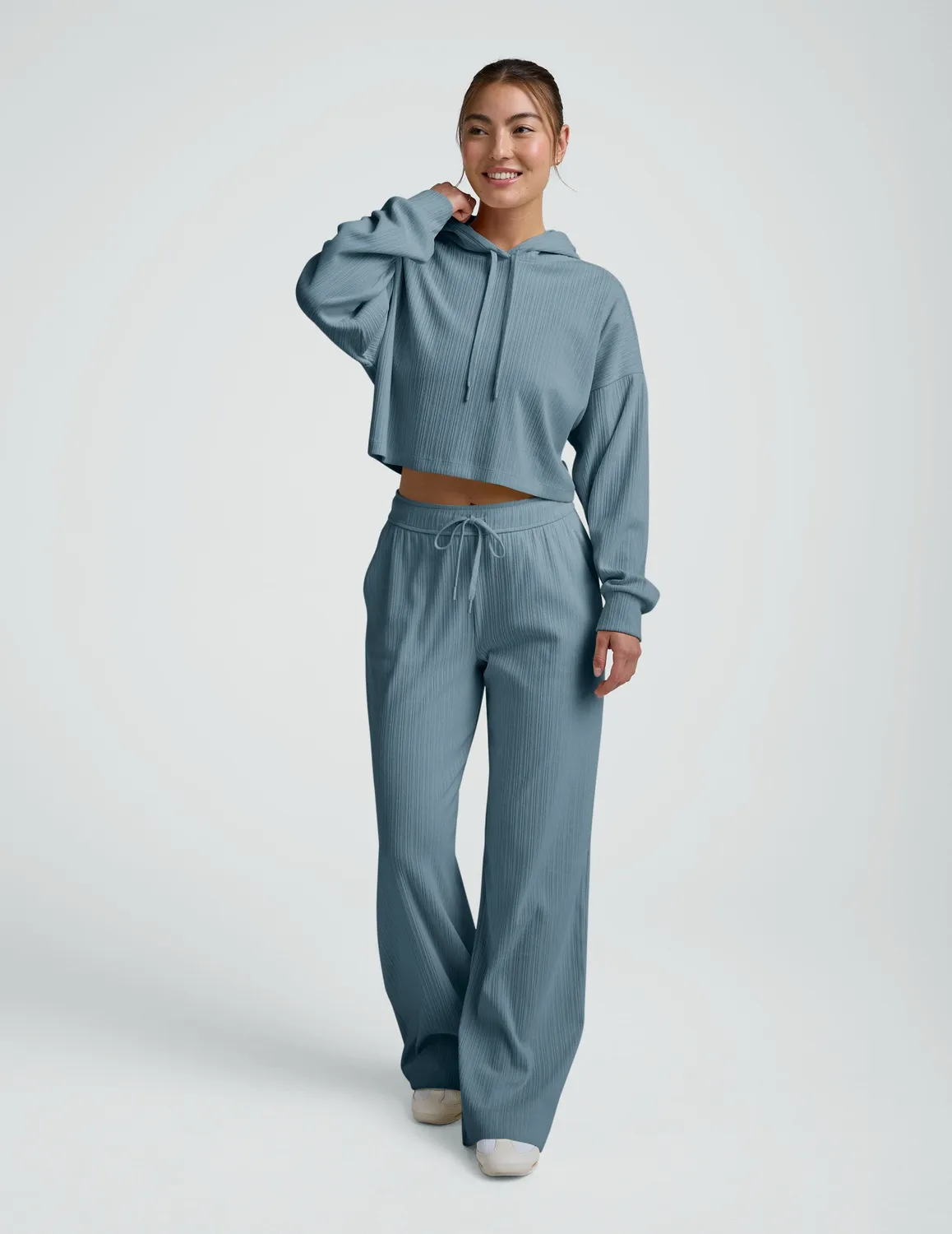 Beyond Yoga Breathe Easy Ribbed Cropped Hoodie Misty Blue fickor
