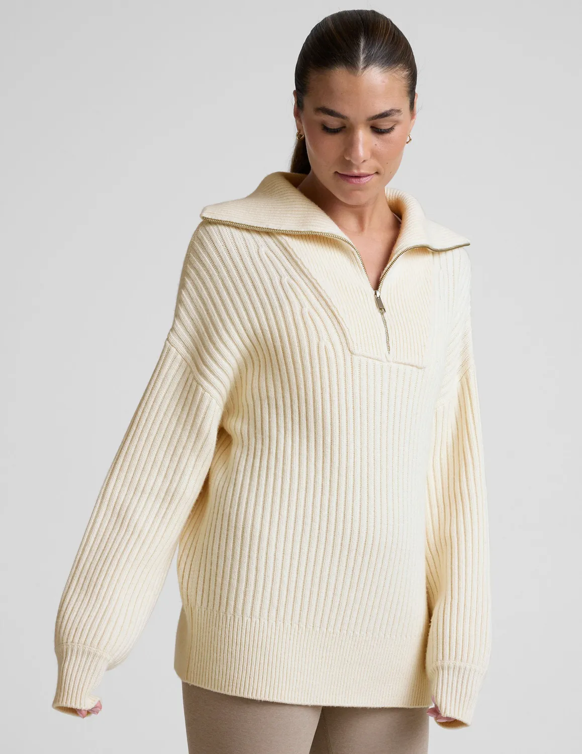Beyond Yoga Wool Blend pullover ivory quarter zip relaxed