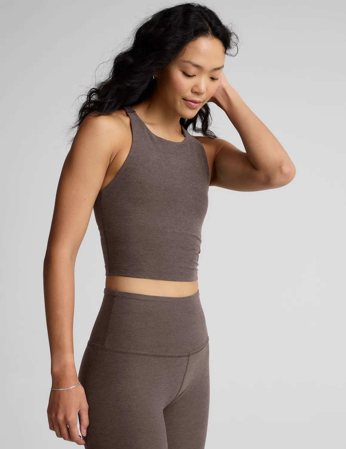 Beyond Yoga Spacedye Refocus Cropped Tank linne Woodland Heather med bh
