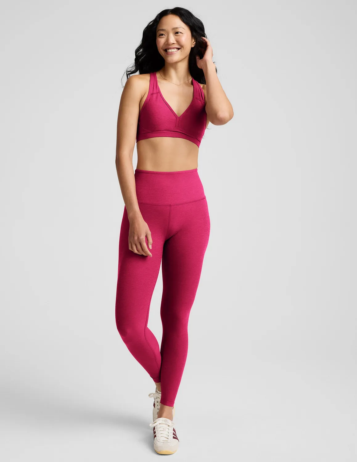 Beyond Yoga Spacedye Lift Your Spirits sportbh Berry Red Heather 1X-2X