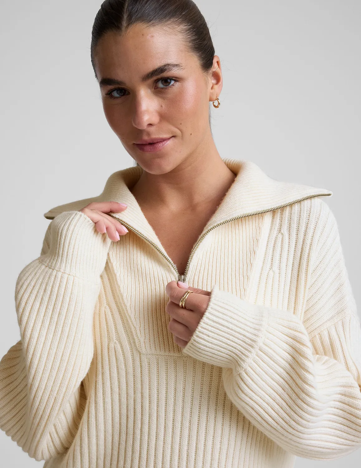Beyond Yoga Wool Blend pullover ivory quarter zip relaxed