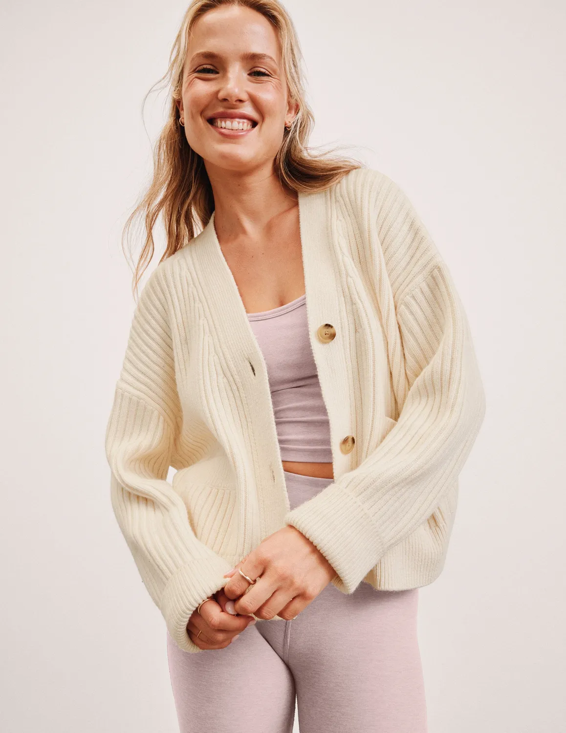 Beyond Yoga Wool Blend Cardigan kofta Ivory mjuk ullblandning
