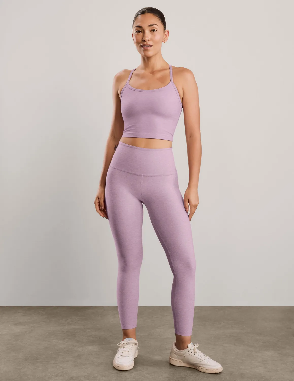 Beyond Yoga Spacedye Slim Racerback Cropped Tank topp Lavender Cream Heather med bh