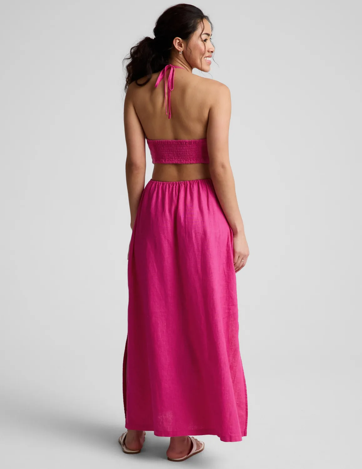 Beyond Yoga SoftWash Linen Halter Klänning Pink Glow Linne