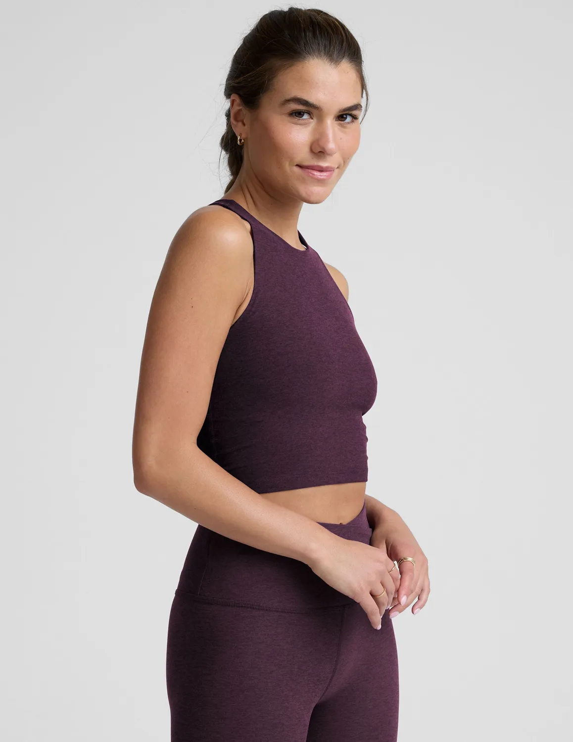 Beyond Yoga Spacedye Refocus Cropped Tank linne Eggplant Purple Heather med bh