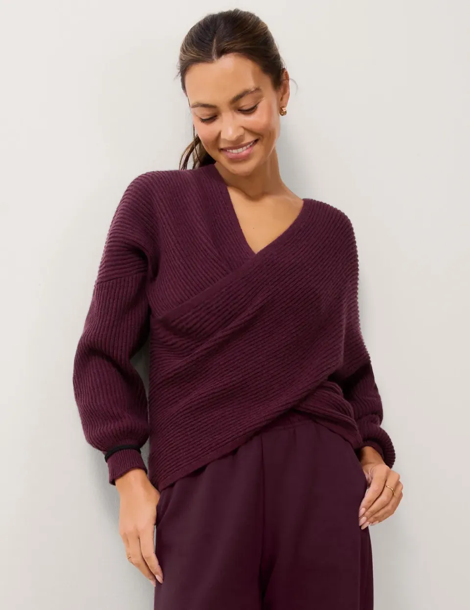 Beyond Yoga That's A Wrap pullover röd omlott ribbad